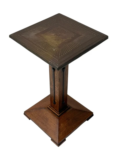 Vienna Secession Pedestal in Oak with Patinated Brass Top, 1900s
